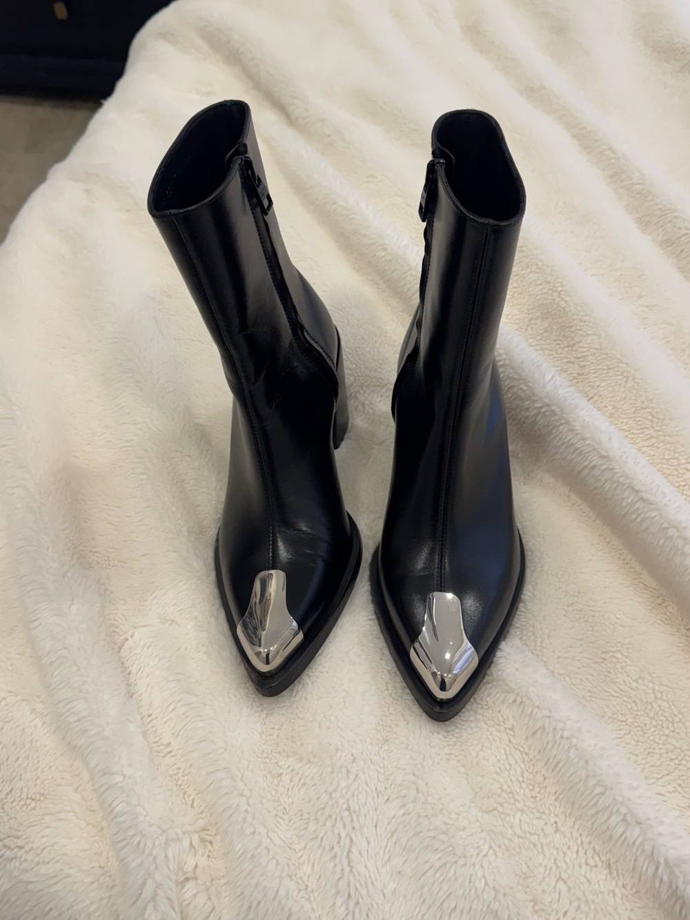 Alexander McQueen Black Leather Pointed Ankle Boots with Silver Toe Caps